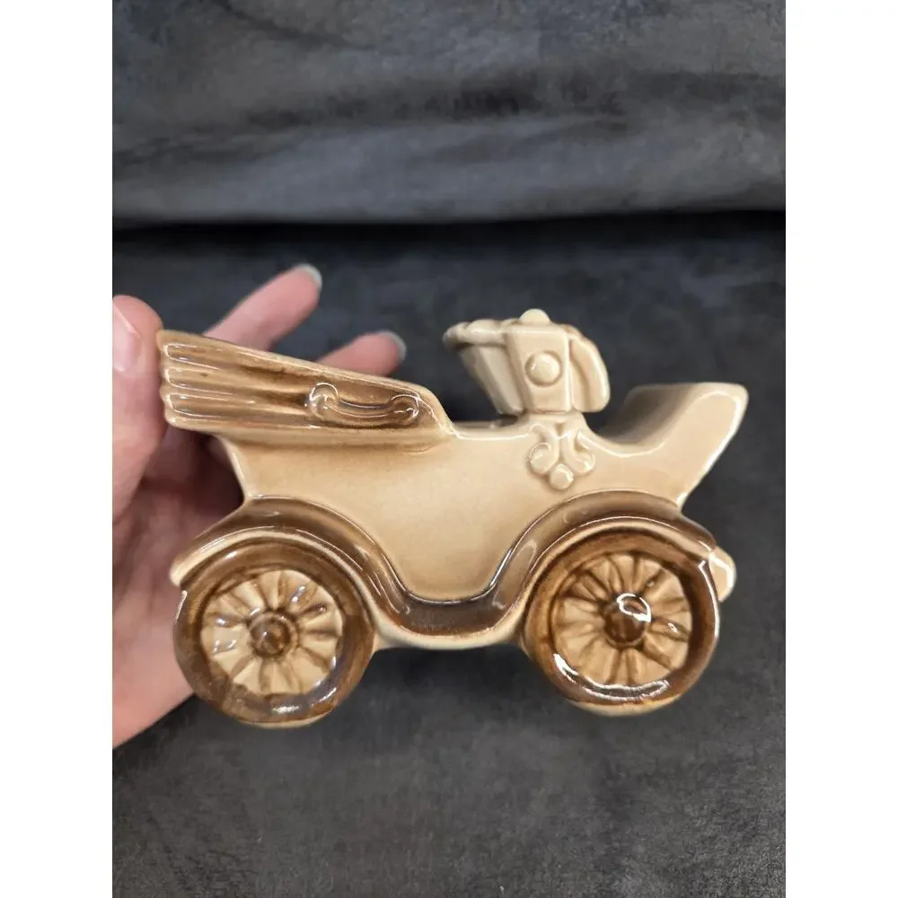 Vintage Ceramic Antique Car Planter Made in Japan Brown Glaze Horseless Carriage